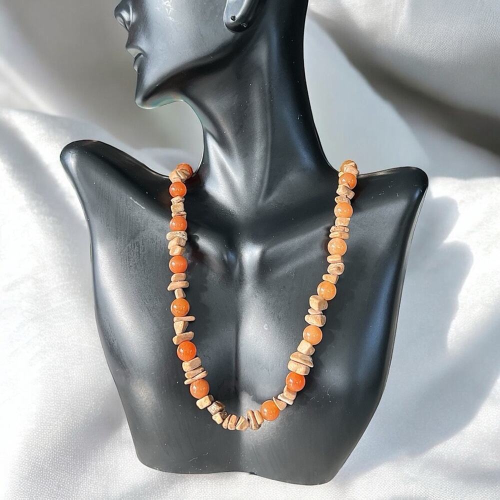 Vintage 90s 925 Silver jasper and orange gemstone crystal beaded necklace